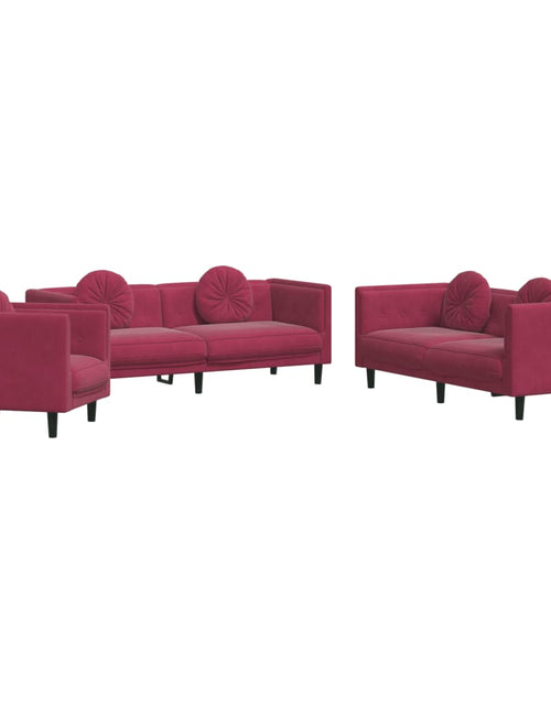 Încărcați imaginea în vizualizatorul Galerie, Set canapele cu perne, 3 piese, roșu vin, catifea
