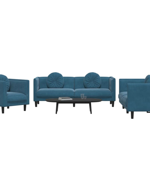 Încărcați imaginea în vizualizatorul Galerie, Set de canapele cu perne, 3 piese, albastru, catifea - Lando
