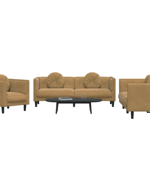 Încărcați imaginea în vizualizatorul Galerie, Set de canapele cu perne, 3 piese, maro, catifea - Lando
