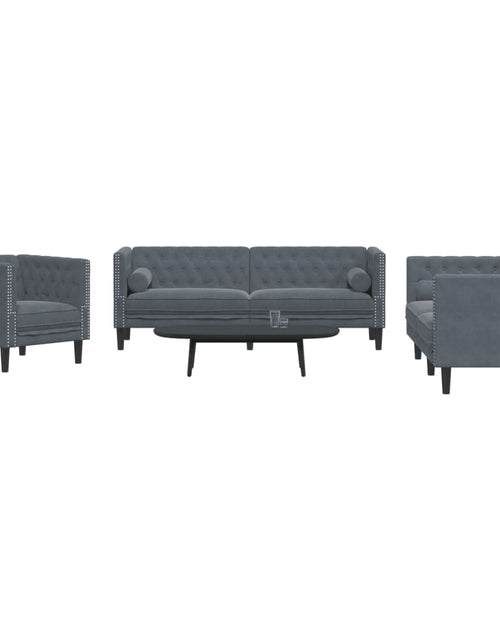 Загрузите изображение в средство просмотра галереи, Set canapele Chesterfield cu perne rulou, 3 piese, gri, catifea
