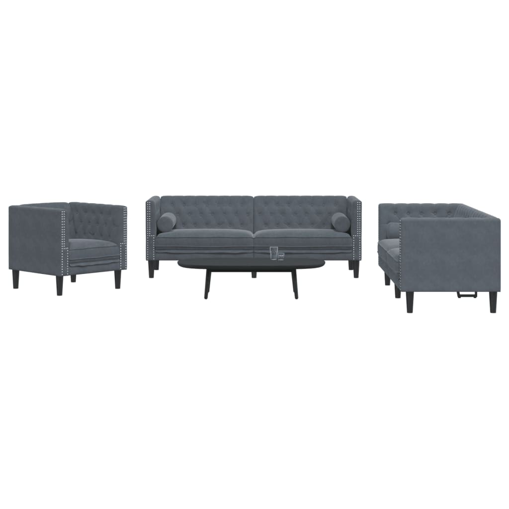 Set canapele Chesterfield cu perne rulou, 3 piese, gri, catifea