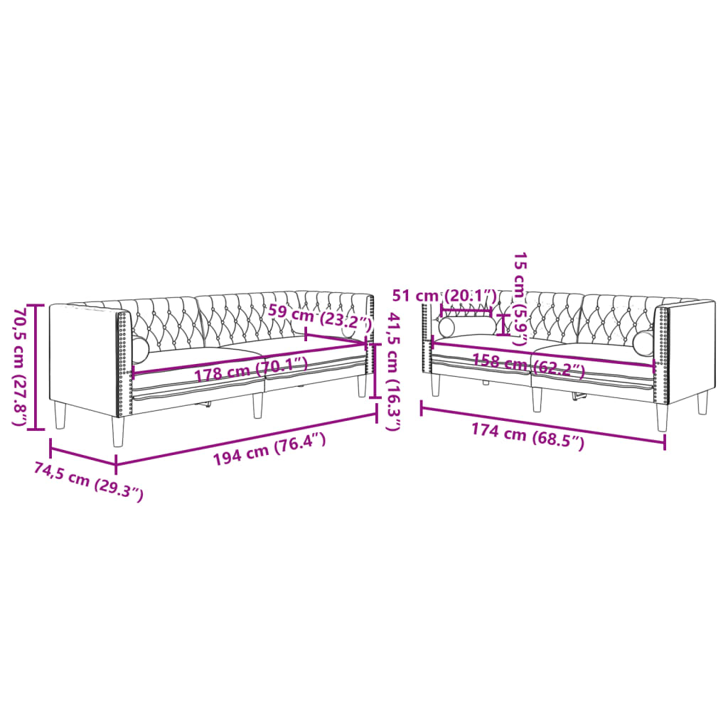 Set canapele Chesterfield perne rulou 2 piese roșu vin catifea