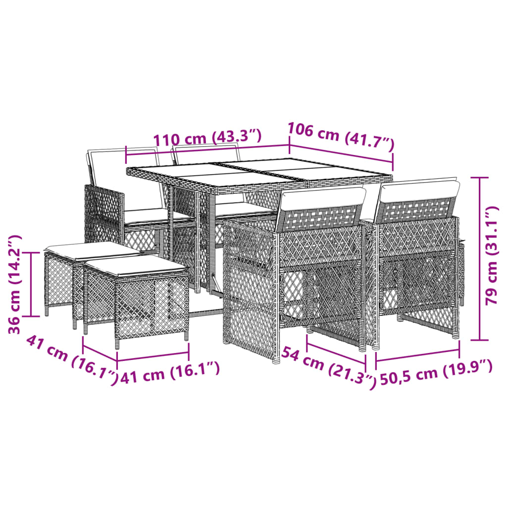 Set de masă pentru grădină, 9 piese, cu perne, bej, poliratan