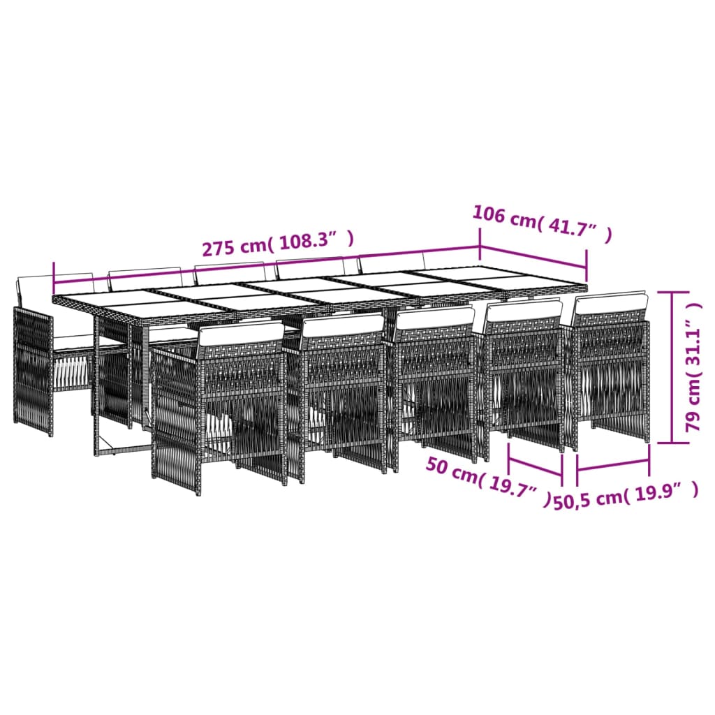 Set mobilier de exterior cu perne, 11 piese, negru, poliratan