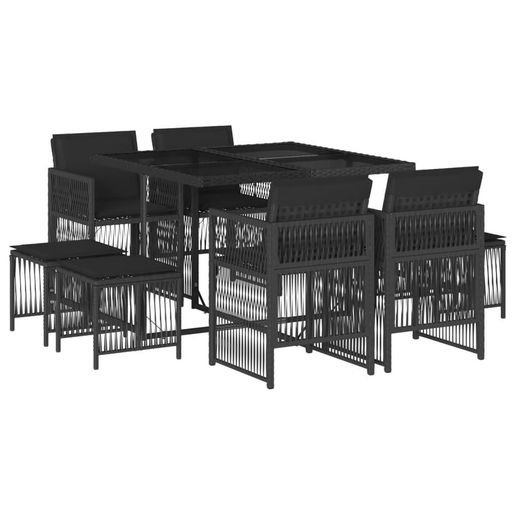 Set mobilier de grădină cu perne, 9 piese, negru, poliratan