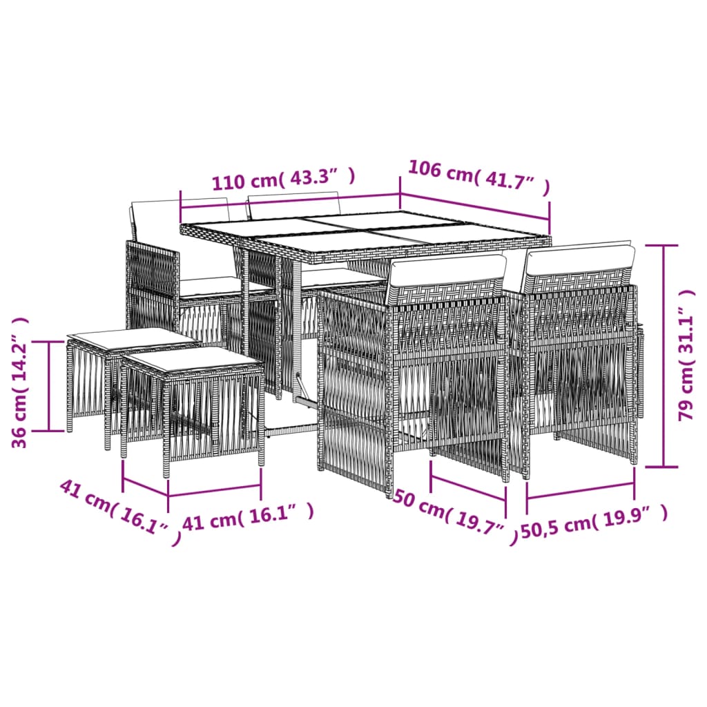 Set mobilier de grădină cu perne, 9 piese, negru, poliratan