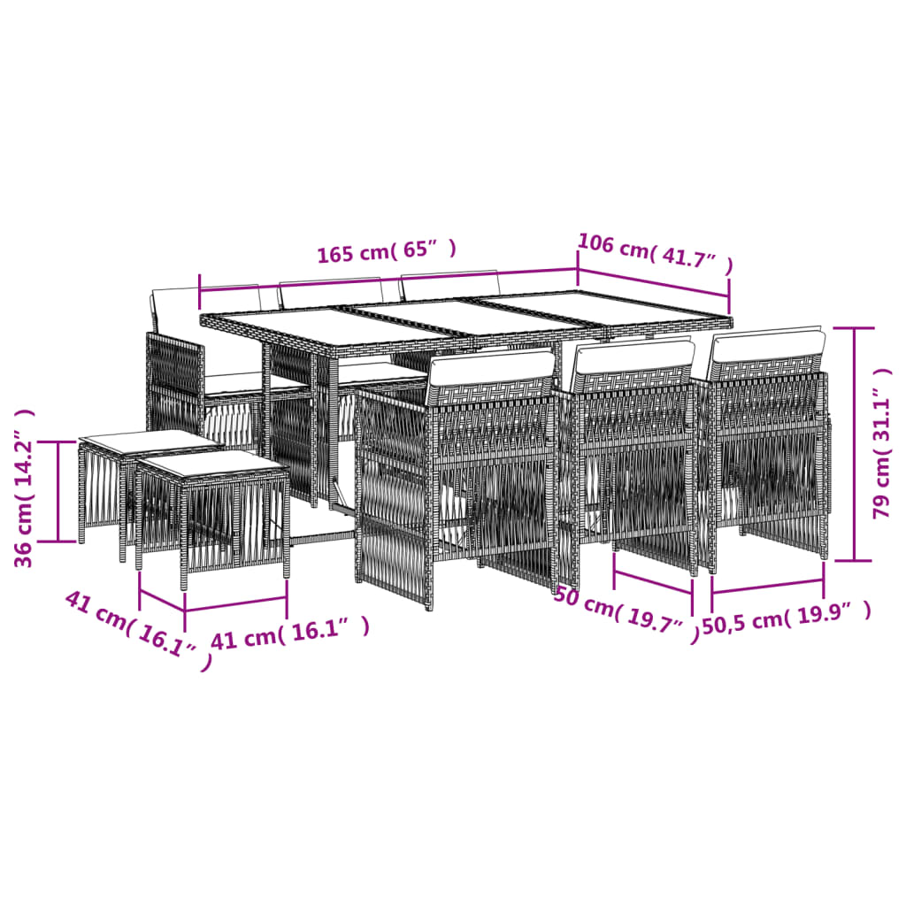 Set mobilier de exterior cu perne, 11 piese, negru, poliratan