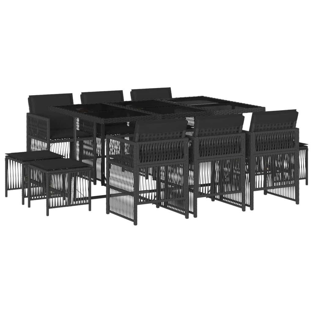 Set mobilier de exterior cu perne, 11 piese, negru, poliratan