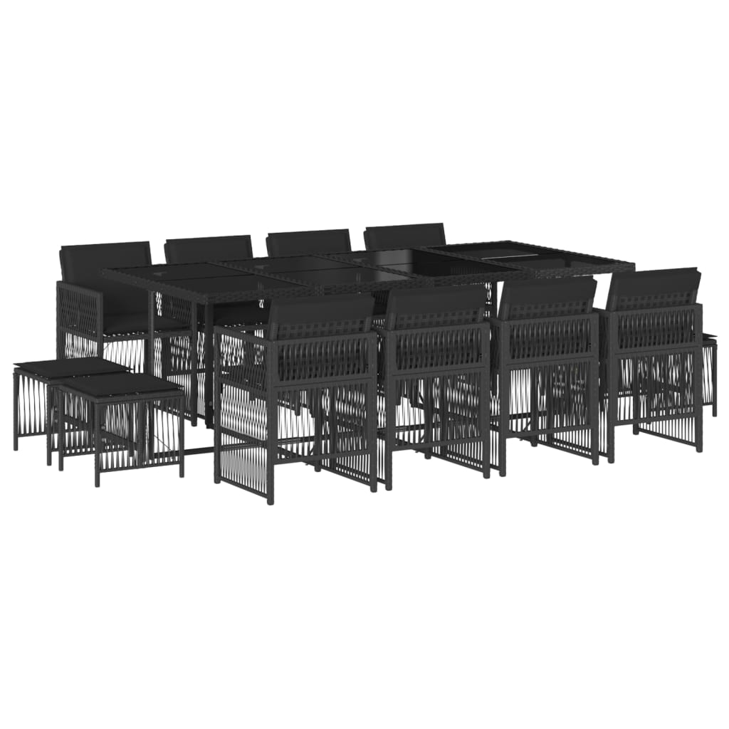 Set mobilier de grădină cu perne, 13 piese, negru, poliratan