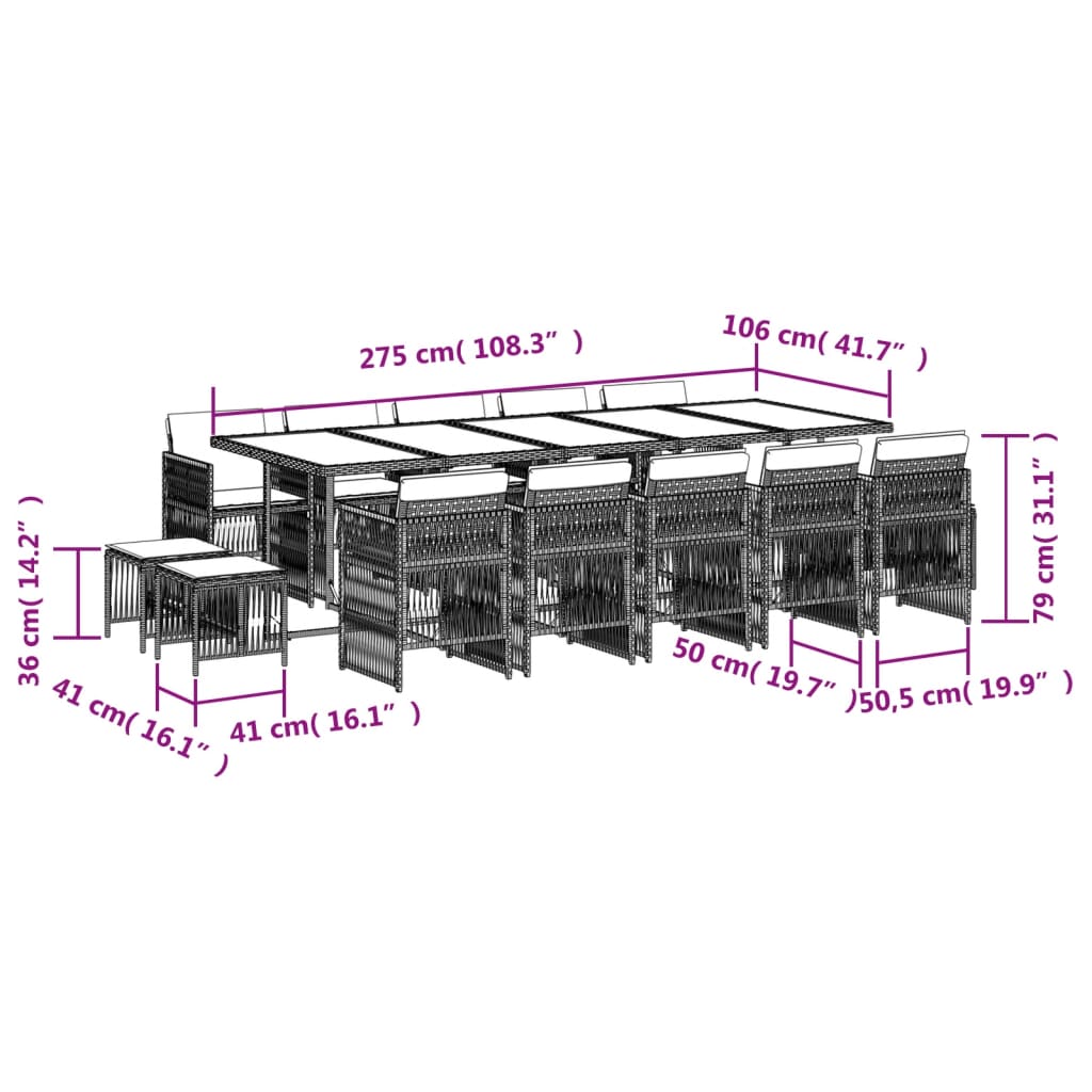 Set mobilier de grădină cu perne, 15 piese, negru, poliratan