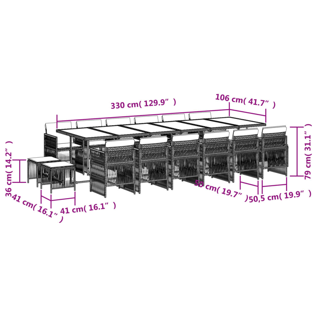 Set mobilier de grădină cu perne, 17 piese, negru, poliratan