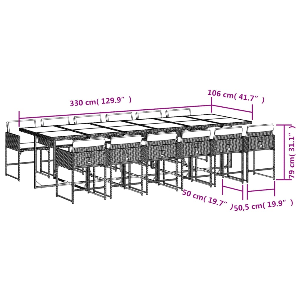 Set mobilier de grădină, 13 piese, maro, cu perne, poliratan