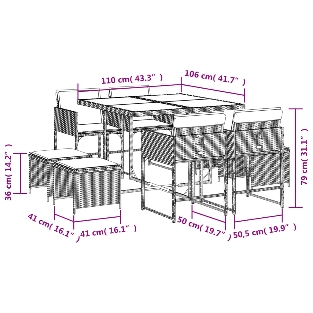 Set mobilier de grădină cu perne, 9 piese, negru, poliratan