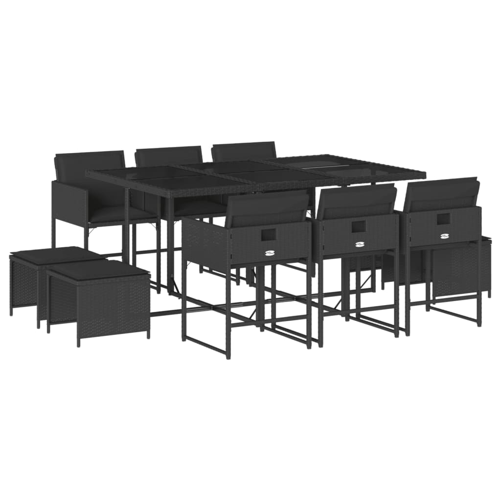 Set mobilier de exterior cu perne, 11 piese, negru, poliratan