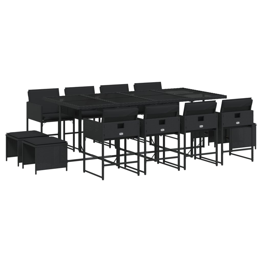 Set mobilier de grădină cu perne, 13 piese, negru, poliratan