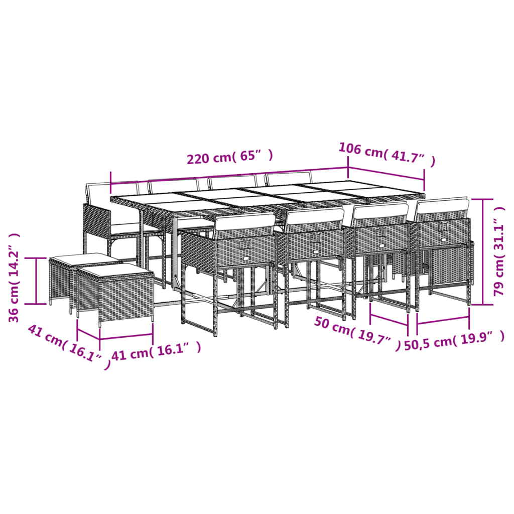 Set mobilier de grădină, 13 piese, maro, cu perne, poliratan