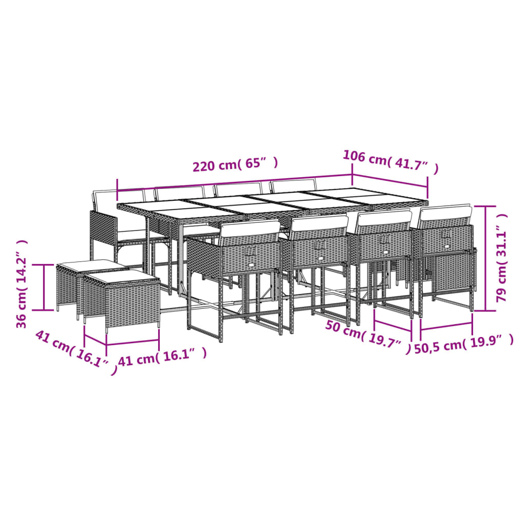 Set mobilier de grădină cu perne, 13 piese, negru, poliratan