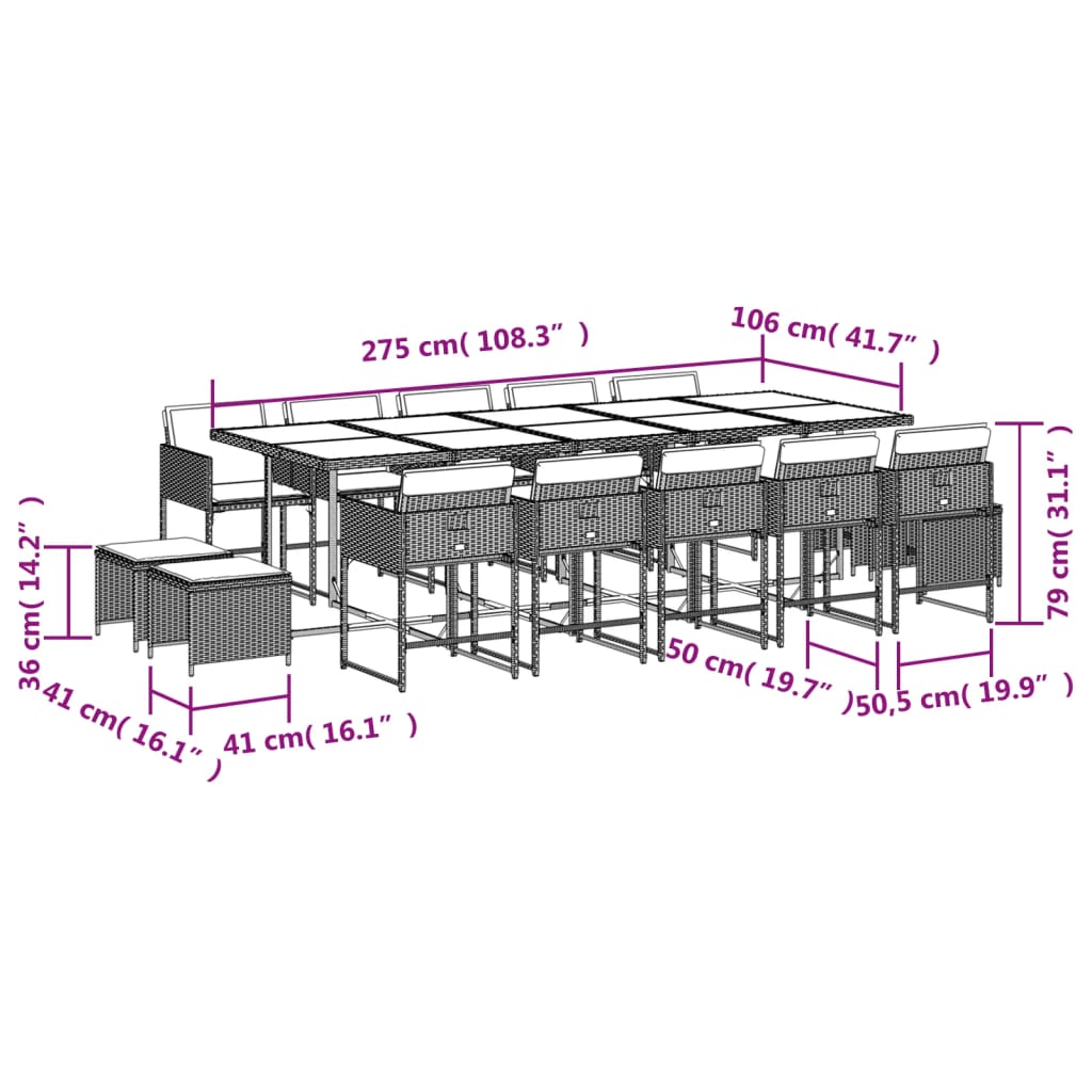 Set mobilier de grădină cu perne, 15 piese, bej, poliratan