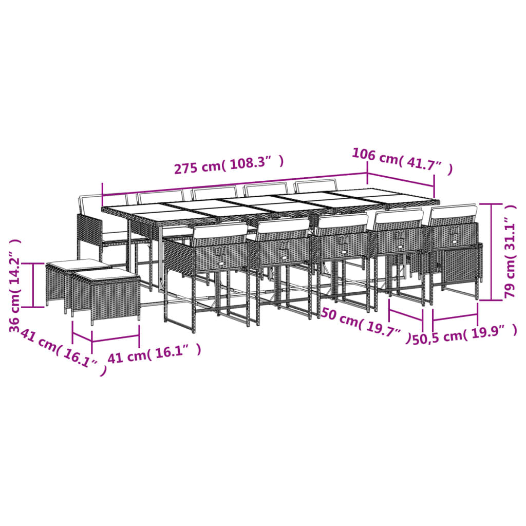 Set mobilier de grădină cu perne, 15 piese, gri, poliratan