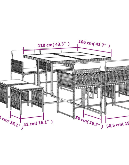Încărcați imaginea în vizualizatorul Galerie, Set de masă pentru grădină, 9 piese, cu perne, bej, poliratan
