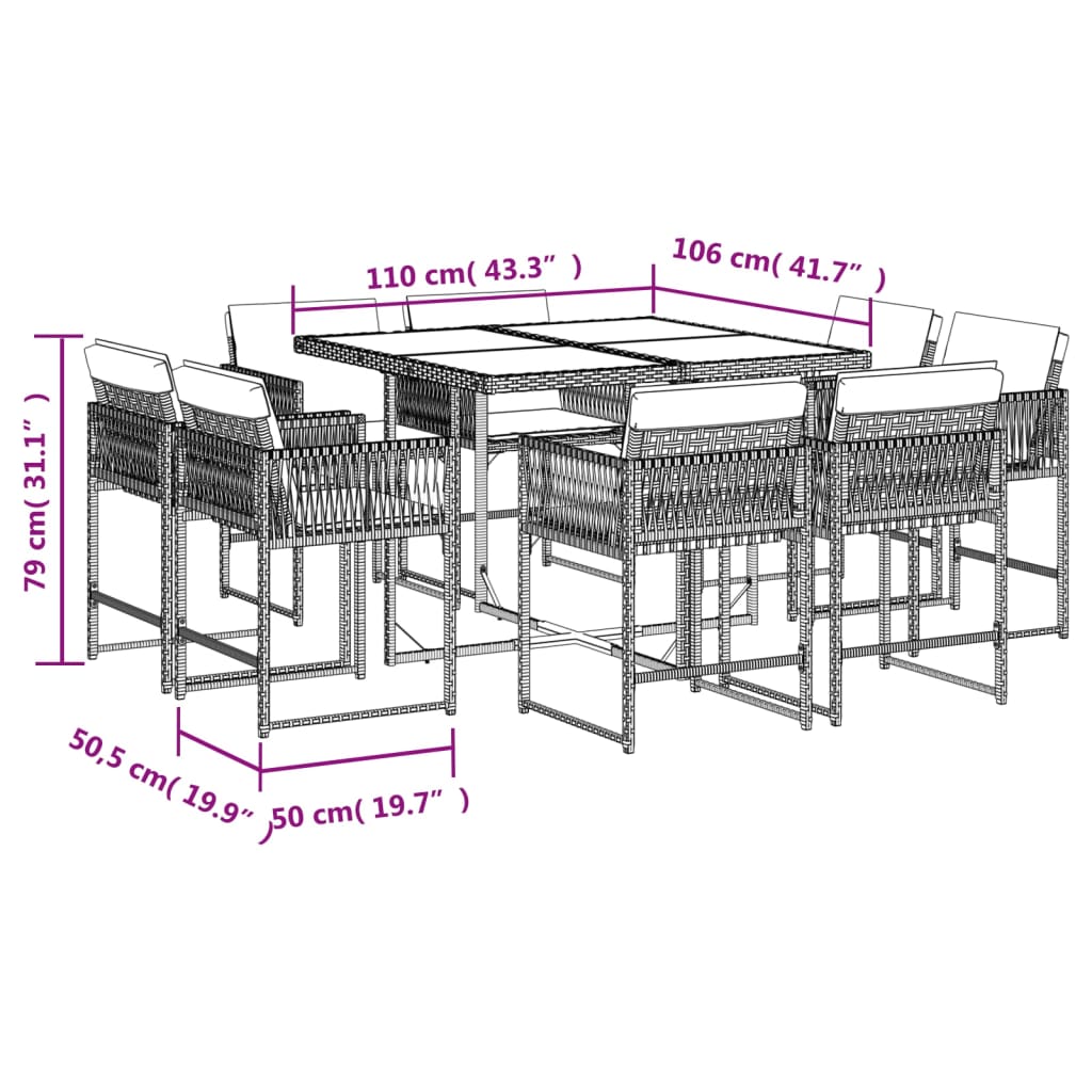 Set de masă pentru grădină, 9 piese, cu perne, bej, poliratan