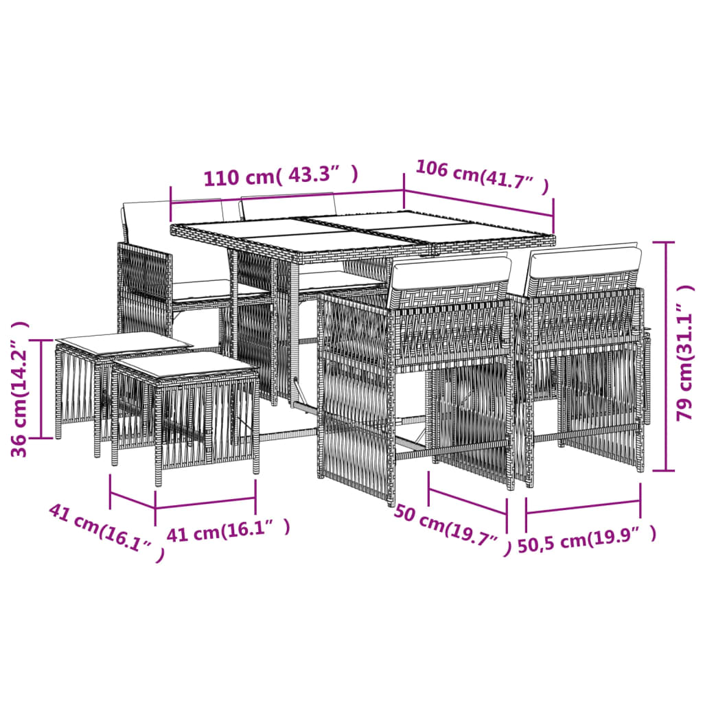 Set de masă pentru grădină, 9 piese, cu perne, bej, poliratan