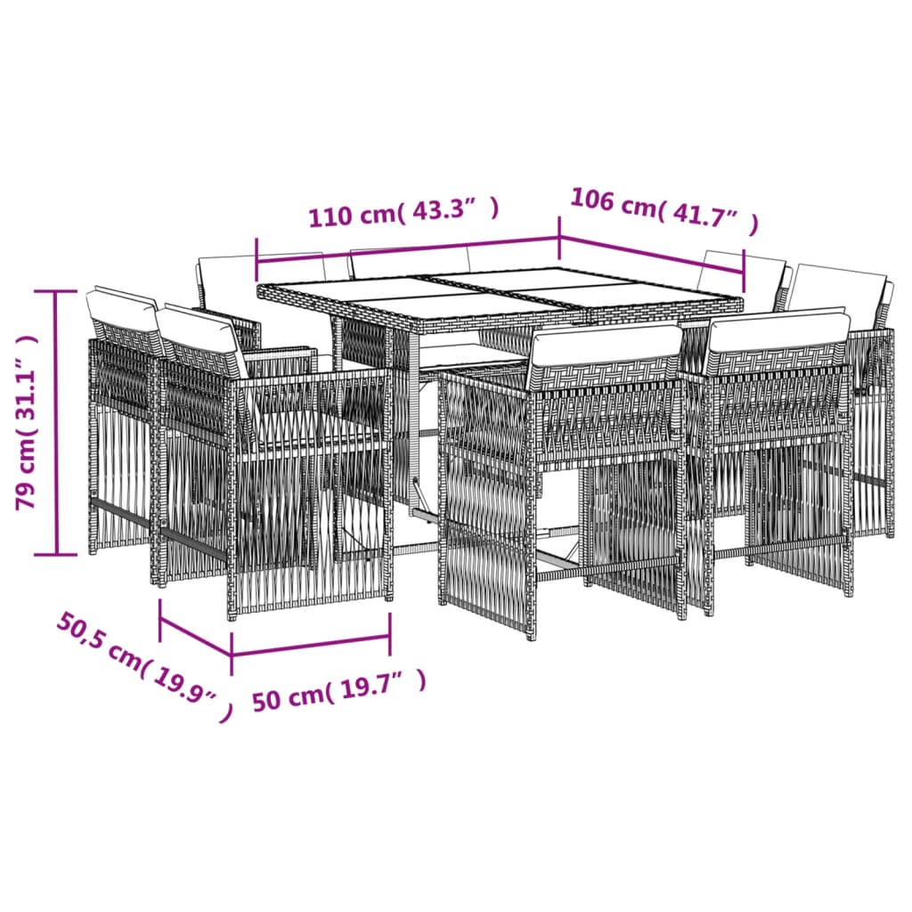 Set mobilier grădină cu perne, 9 piese, gri, poliratan