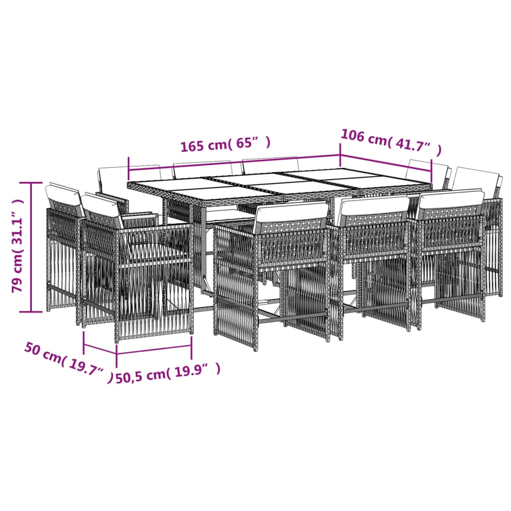 Set mobilier de grădină cu perne, 11 piese, gri, poliratan