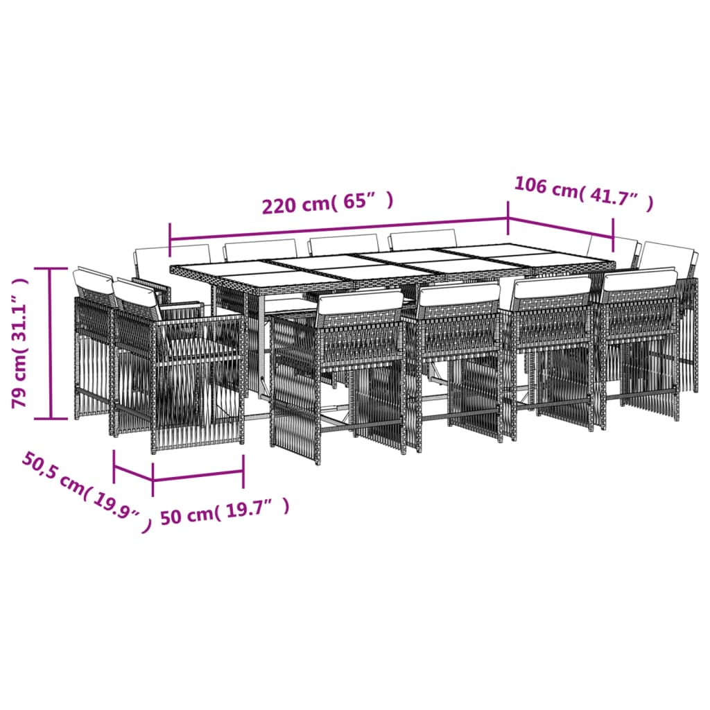 Set mobilier de grădină cu perne, 13 piese, gri, poliratan