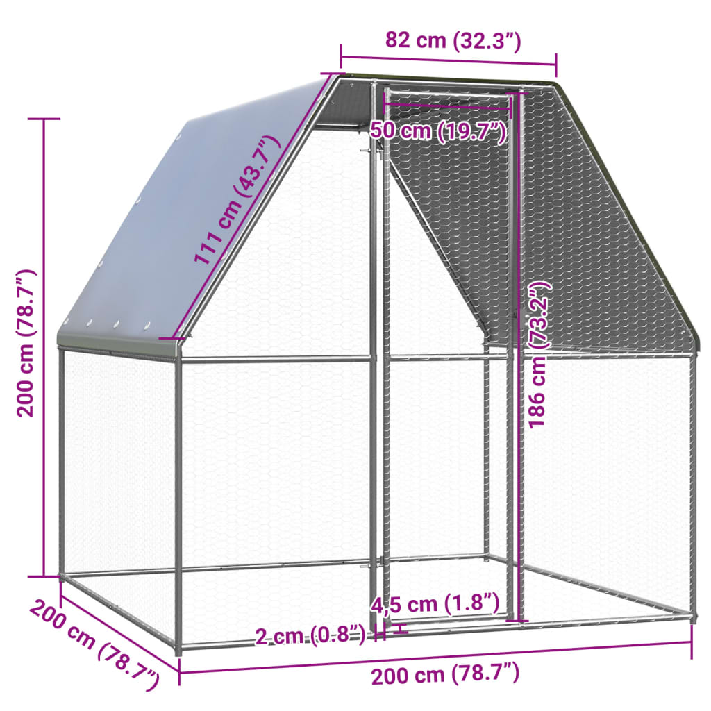 Coteț pentru pui, argintiu și gri, 2x2x2 m, oțel galvanizat