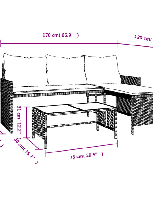 Încărcați imaginea în vizualizatorul Galerie, Canapea de grădină cu masă/perne, formă de L, poliratan negru
