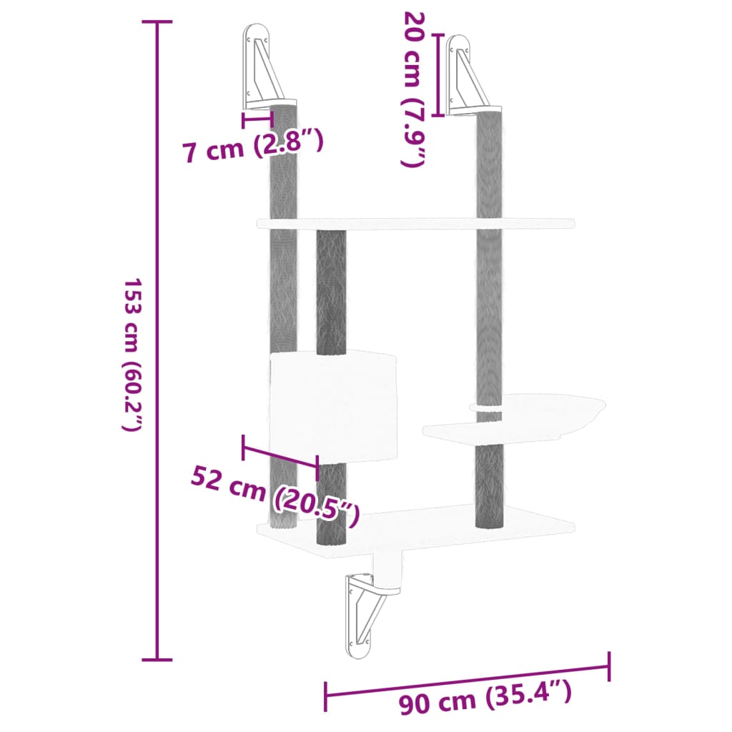 Ansamblu pisici perete cu stâlp zgâriere, gri deschis, 153 cm