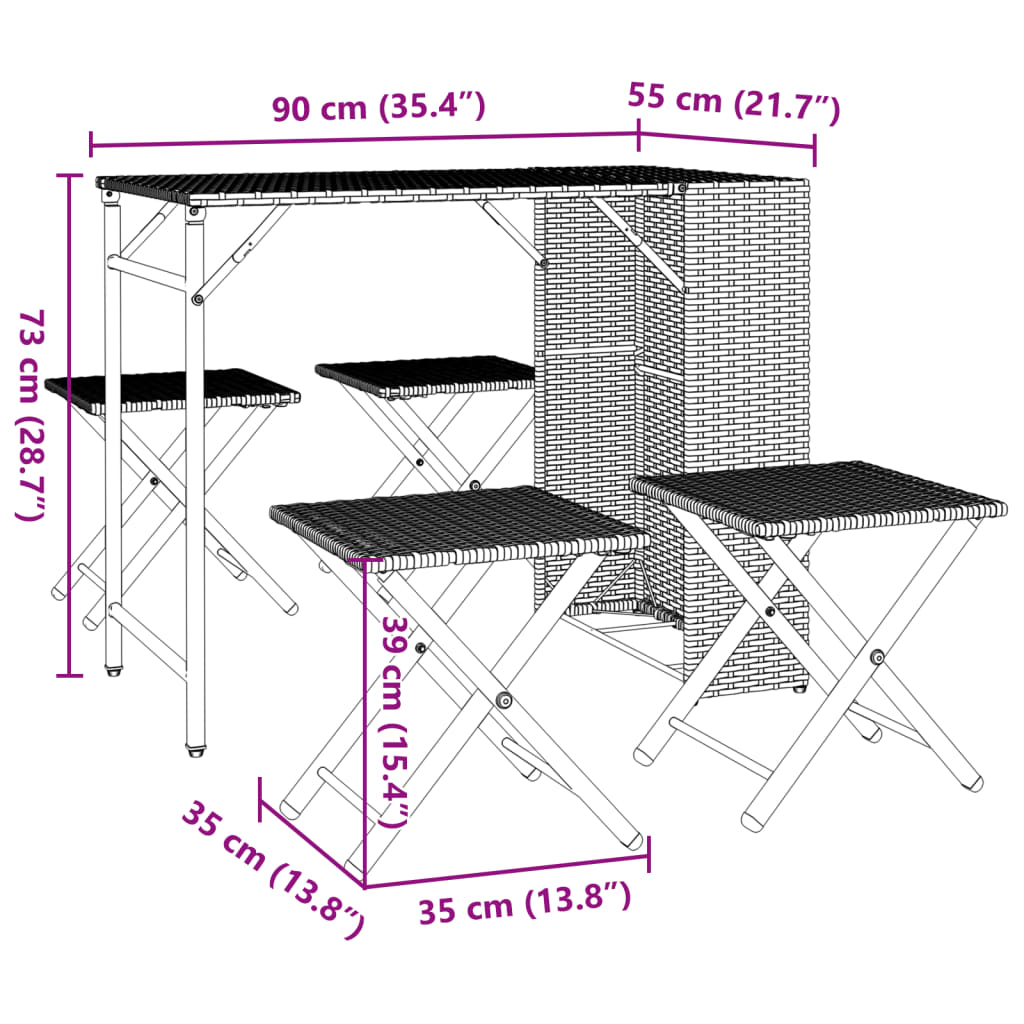 Set mobilier de grădină, pliabil, 5 piese, negru, poliratan