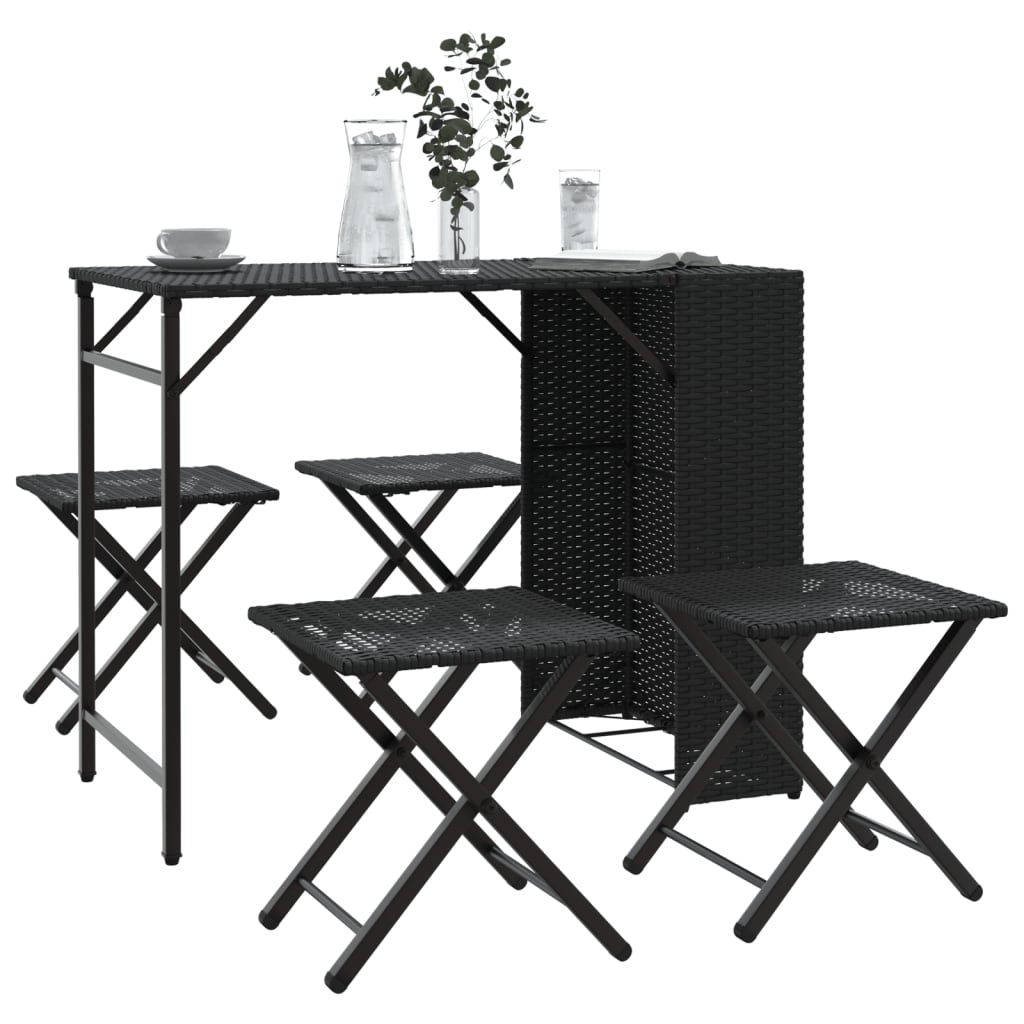 Set mobilier de grădină, pliabil, 5 piese, negru, poliratan