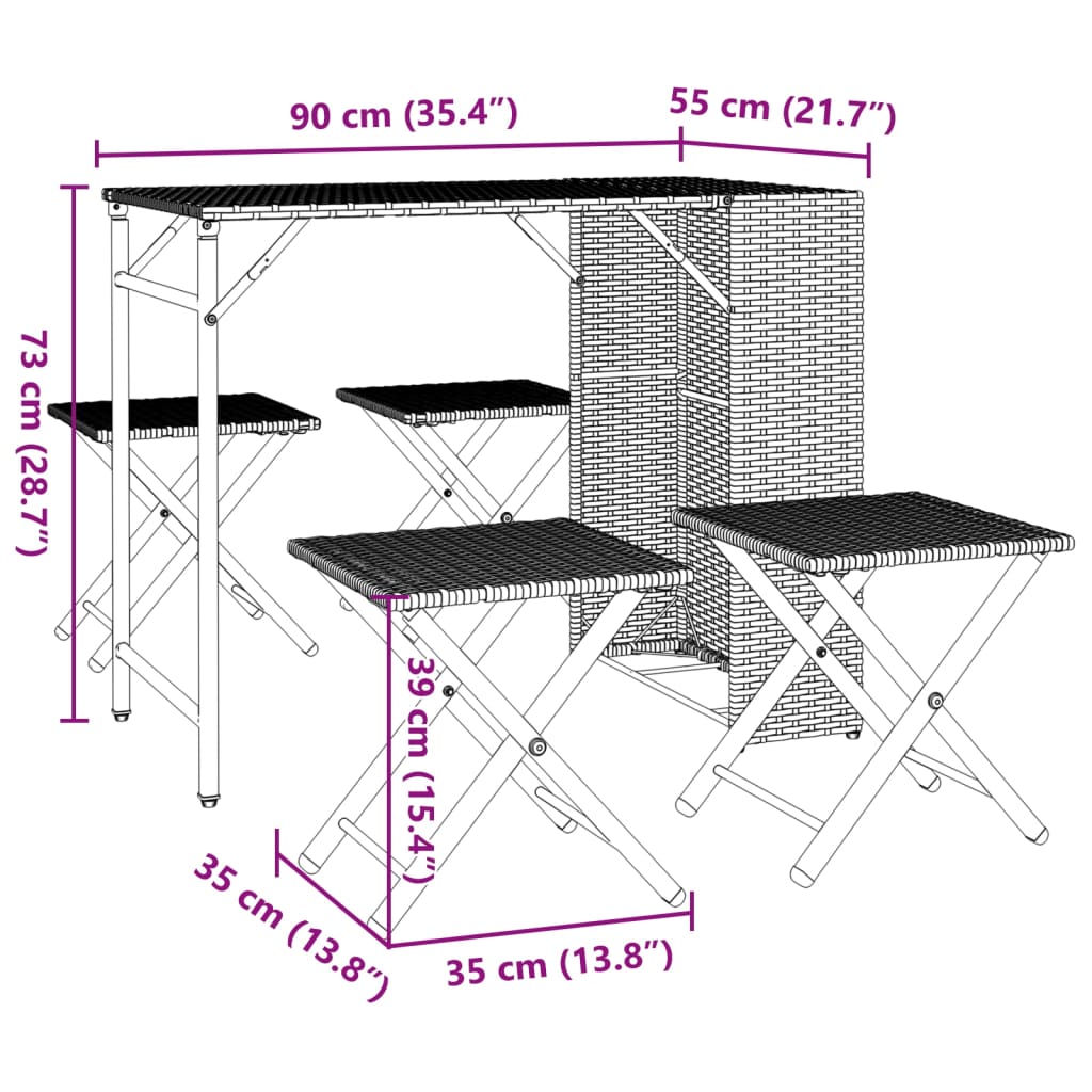 Set mobilier de grădină, pliabil, 5 piese, maro, poliratan