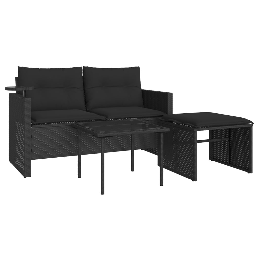 Set mobilier de grădină cu perne, 3 piese, negru, poliratan