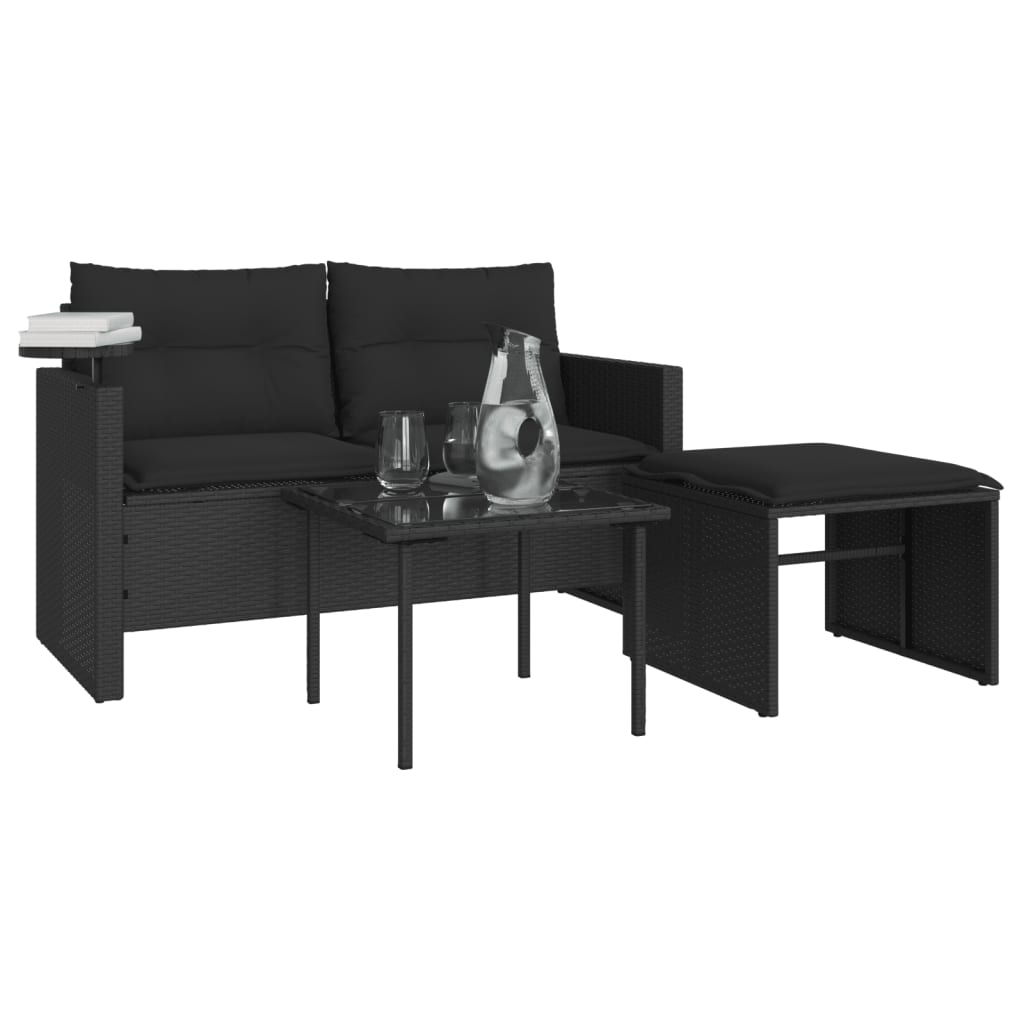 Set mobilier de grădină cu perne, 3 piese, negru, poliratan