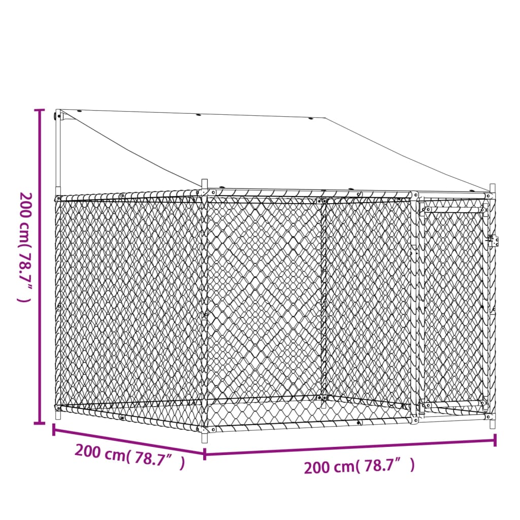 Cușcă de câini cu acoperiș și ușă gri, 2x2x2 m, oțel galvanizat