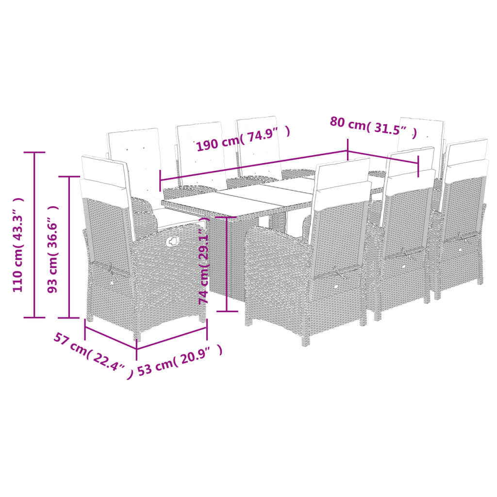 Set mobilier de grădină cu perne, 9 piese, maro, poliratan - Lando