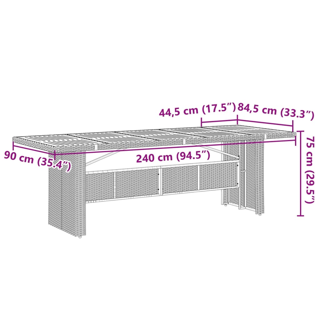 Masă grădină, blat din lemn acacia, gri, 240x90x75 cm poliratan