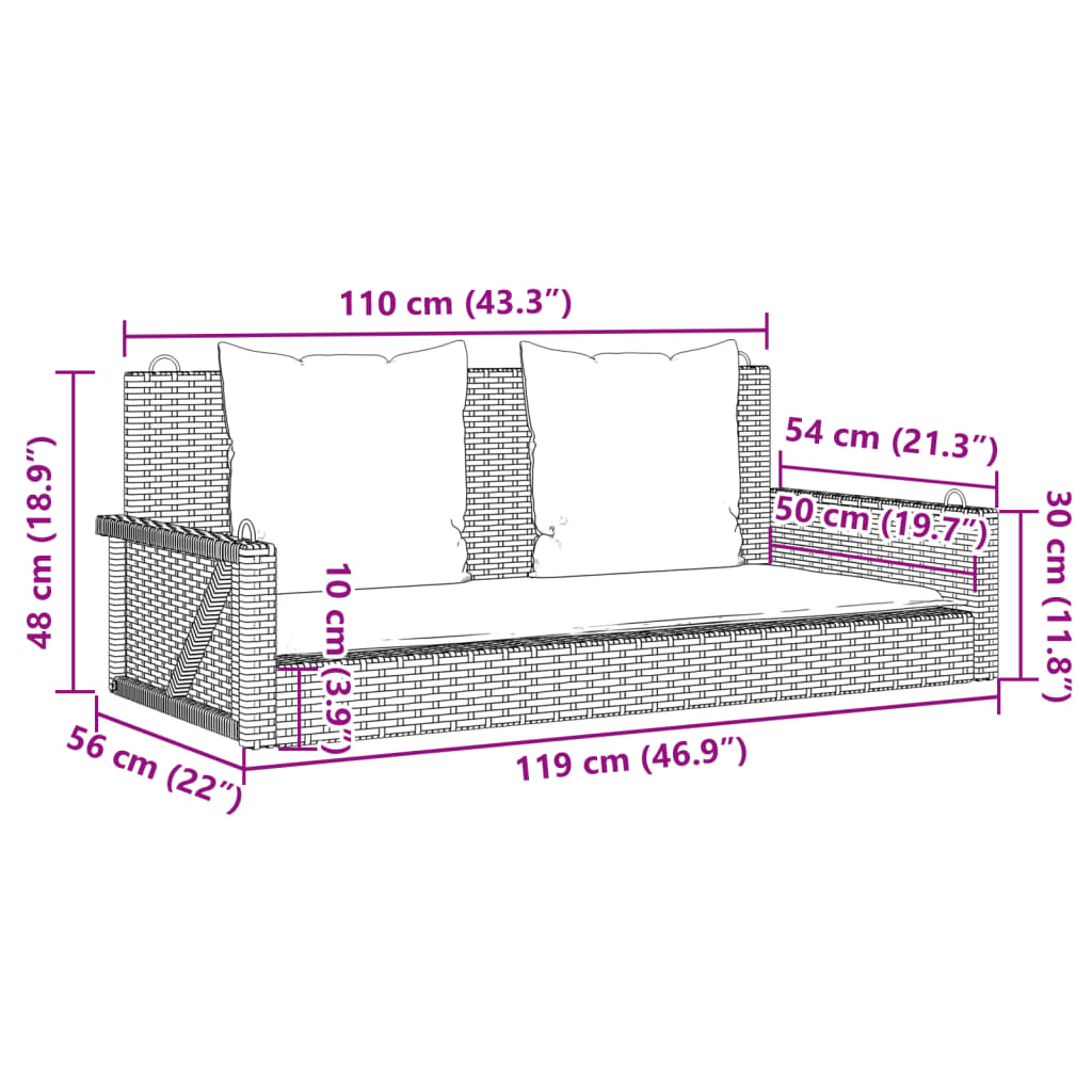 Bancă de balansoar cu perne, gri, 119x56x48 cm, poliratan