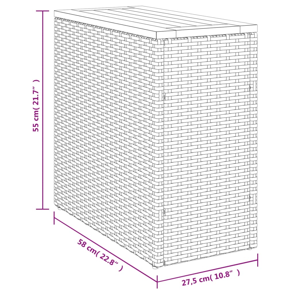 Masă laterală de grădină blat lemn gri 58x27,5x55 cm poliratan