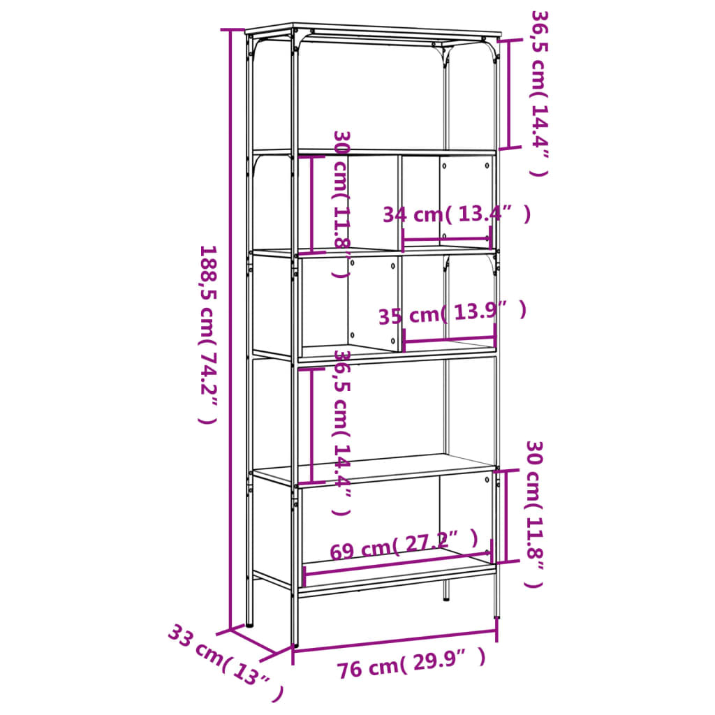 Bibliotecă cu 5 niveluri, negru, 76x33x188,5 cm, lemn prelucrat