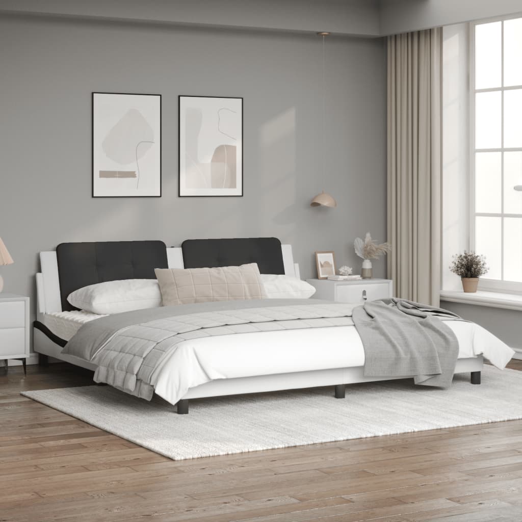 Cadru de pat cu tăblie alb și negru 200x200cm piele artificială