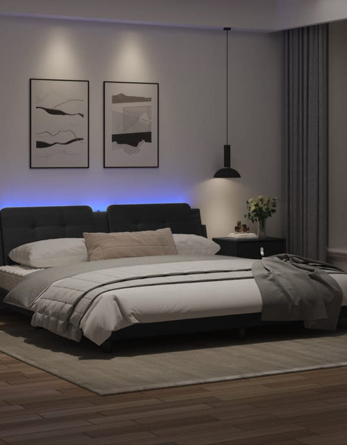 Încărcați imaginea în vizualizatorul Galerie, Cadru de pat cu lumini LED, negru, 200x200 cm, piele ecologică
