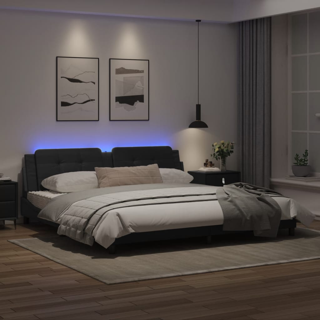Cadru de pat cu lumini LED, negru, 200x200 cm, piele ecologică