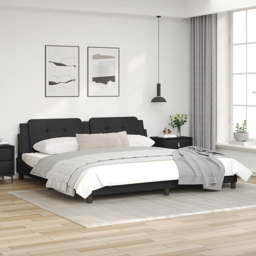Cadru de pat cu lumini LED, negru, 200x200 cm, piele ecologică