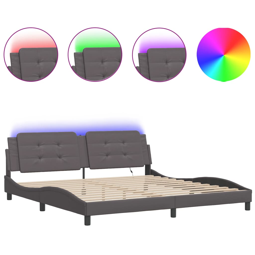Cadru de pat cu lumini LED, gri, 200x200 cm, piele ecologică