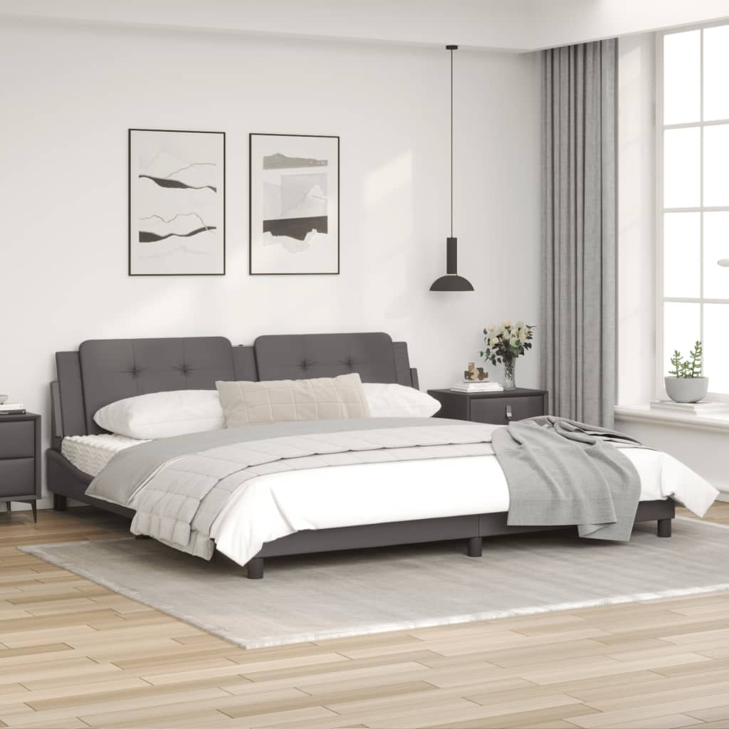 Cadru de pat cu lumini LED, gri, 200x200 cm, piele ecologică