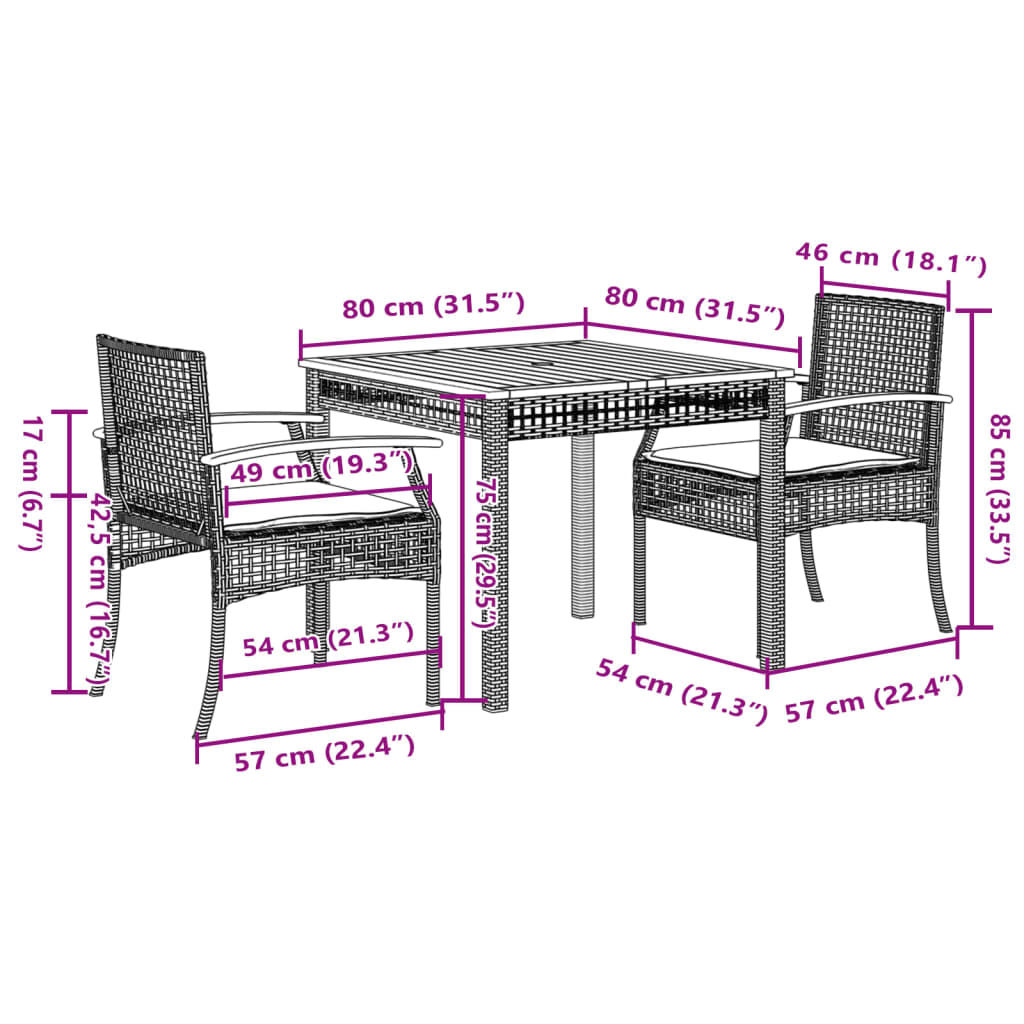 Set mobilier de grădină cu perne, 3 piese, negru, poliratan